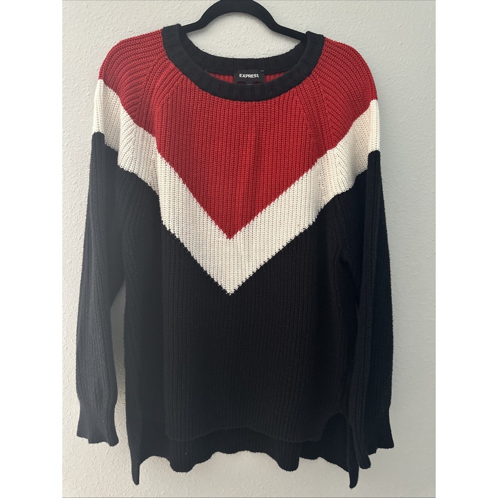 Express Womens Small Oversized Sweater Red Black White Colorblock Chunky Knit
